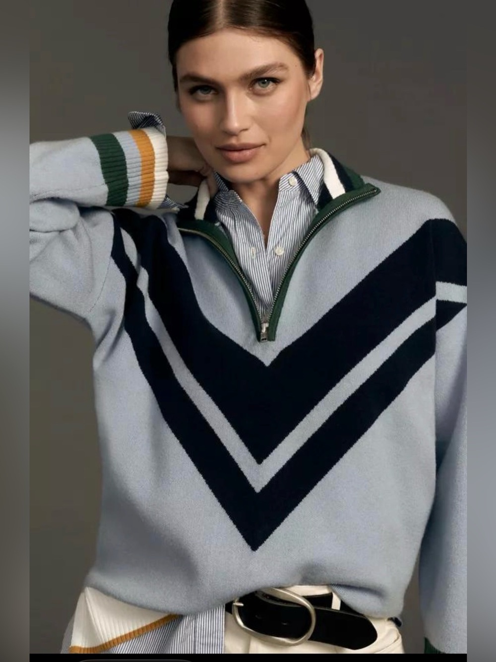 Maeve Anthropologie Blue Chevron Quarter Zip Sweater Size Small